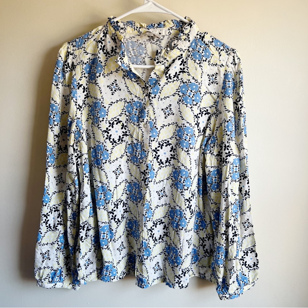 Loft Yellow Blue Floral Ruffle Button Front Long Sleeve Blouse